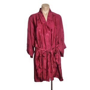 Vintage Jade Lantern Burgundy Silk Short Leaves Leaf Print Robe Size Large